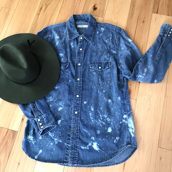Upcycled Bleach Distressed Denim Shirt, GAP Medium:  Gypsy Soul Snap Closure Top - Picture 6 of 10